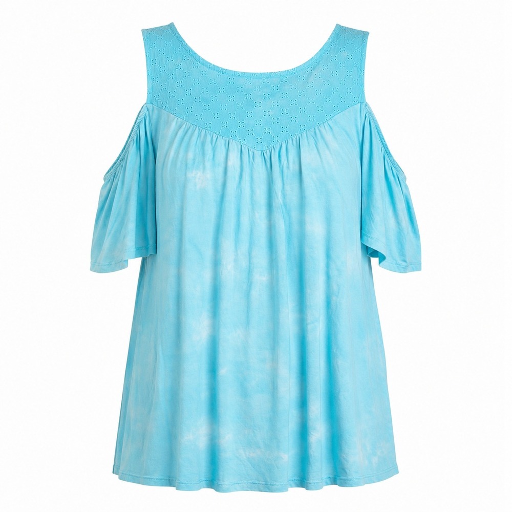 Torrid Cold Shoulder Top Womens 2 Blue Tie Dye Eyelet Lace Super Soft Short Slve - Picture 1 of 14
